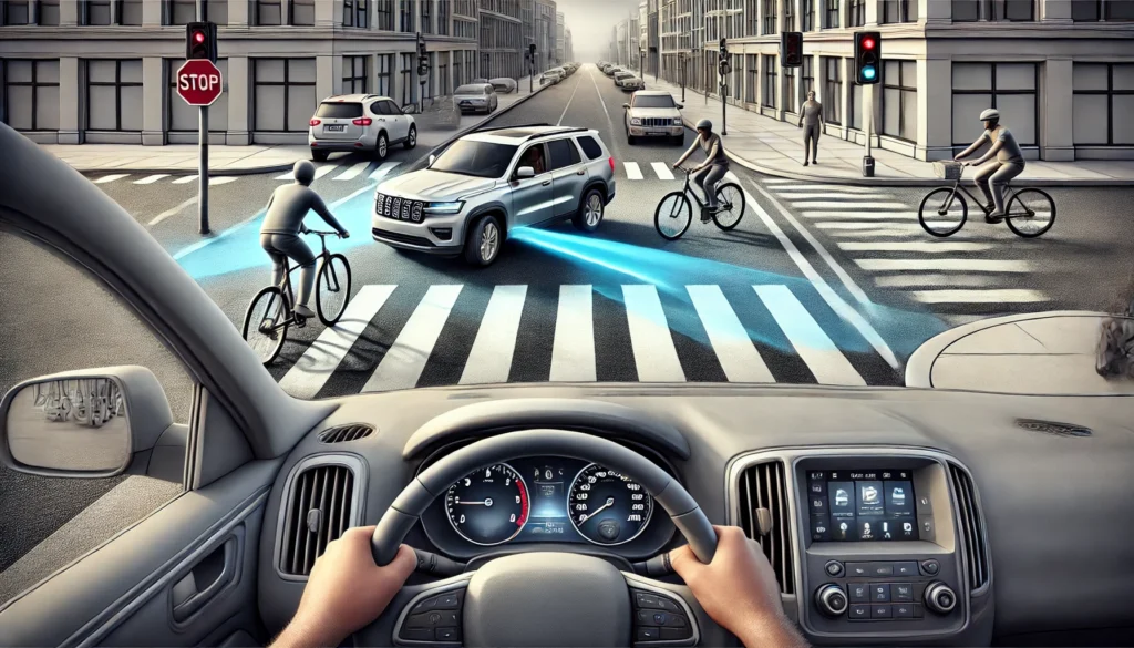 מהי הסכנה הצפויה לנוהג ברכב הפונה ימינה ובמהלך ביצוע הפנייה?